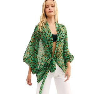 Free People Sheer Green Leopard Wrap Kimono
